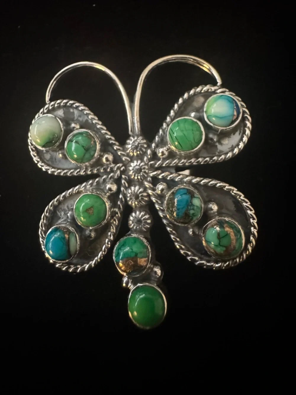 Sterling Silver Kingman‎ Turquoise Green Butterfly statement ring